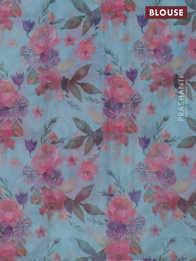 Semi organza saree teal blue with floral prints in borderless style