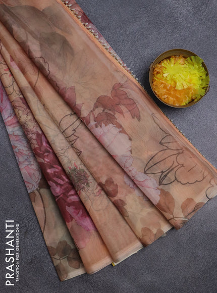 Semi organza saree sandal with allover floral prints in borderless style