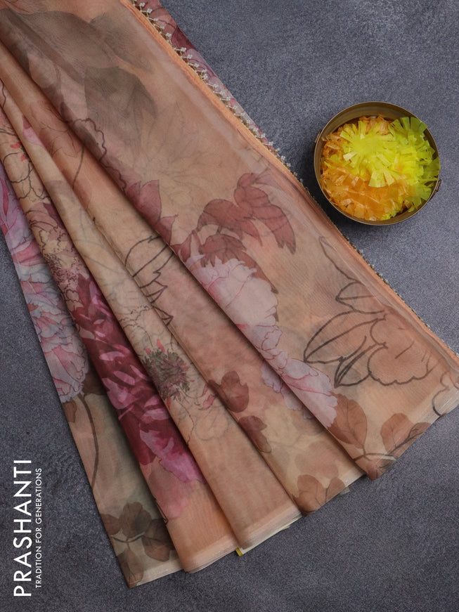 Semi organza saree sandal with allover floral prints in borderless style