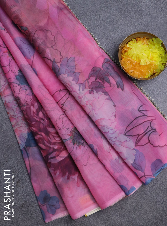 Semi organza saree light pink with allover floral prints in borderless style