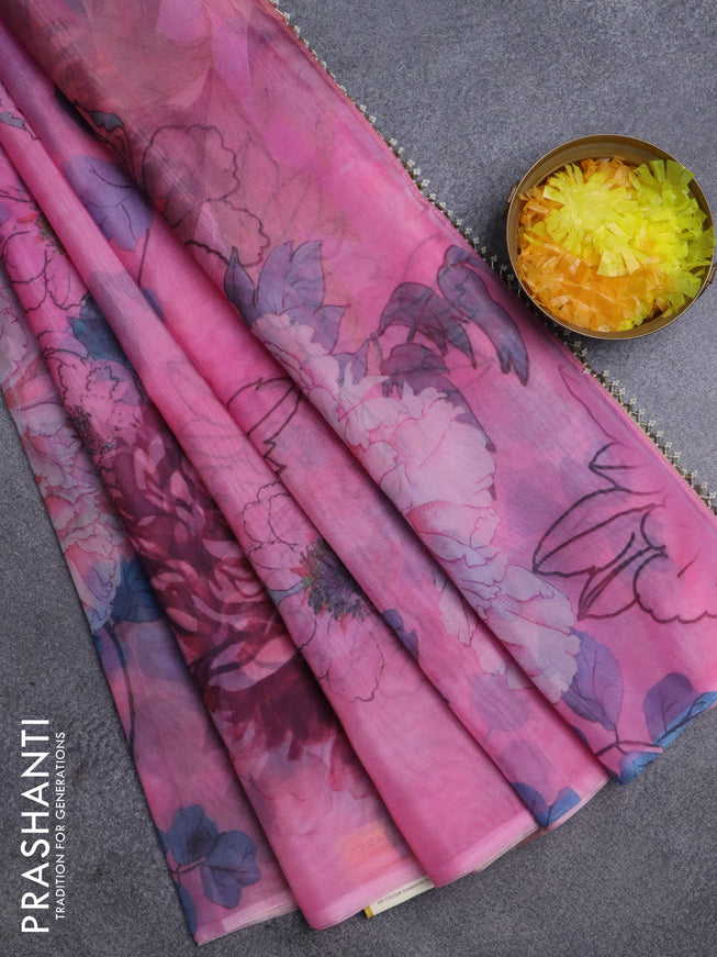 Semi organza saree light pink with allover floral prints in borderless style