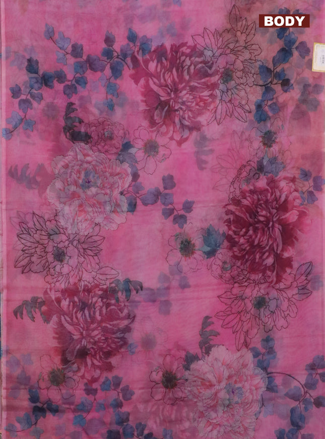 Semi organza saree light pink with allover floral prints in borderless style