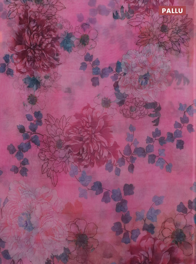 Semi organza saree light pink with allover floral prints in borderless style