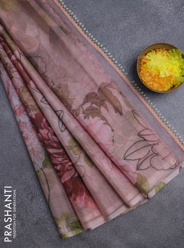 Semi organza saree pastel peach with allover floral prints in borderless style