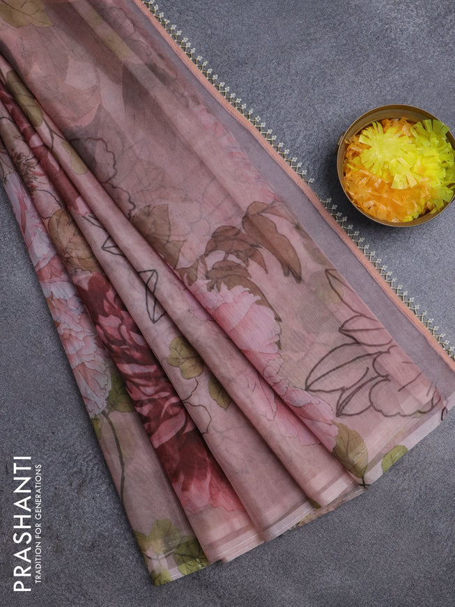 Semi organza saree pastel peach with allover floral prints in borderless style