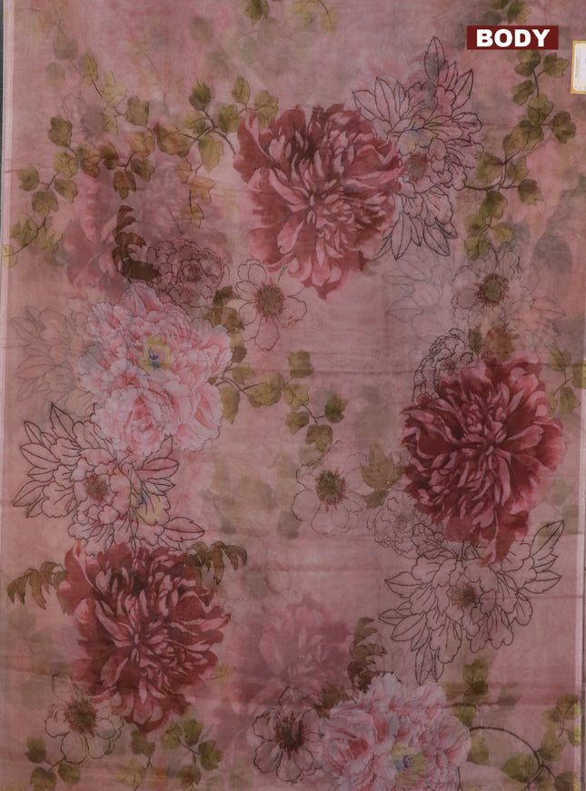 Semi organza saree pastel peach with allover floral prints in borderless style