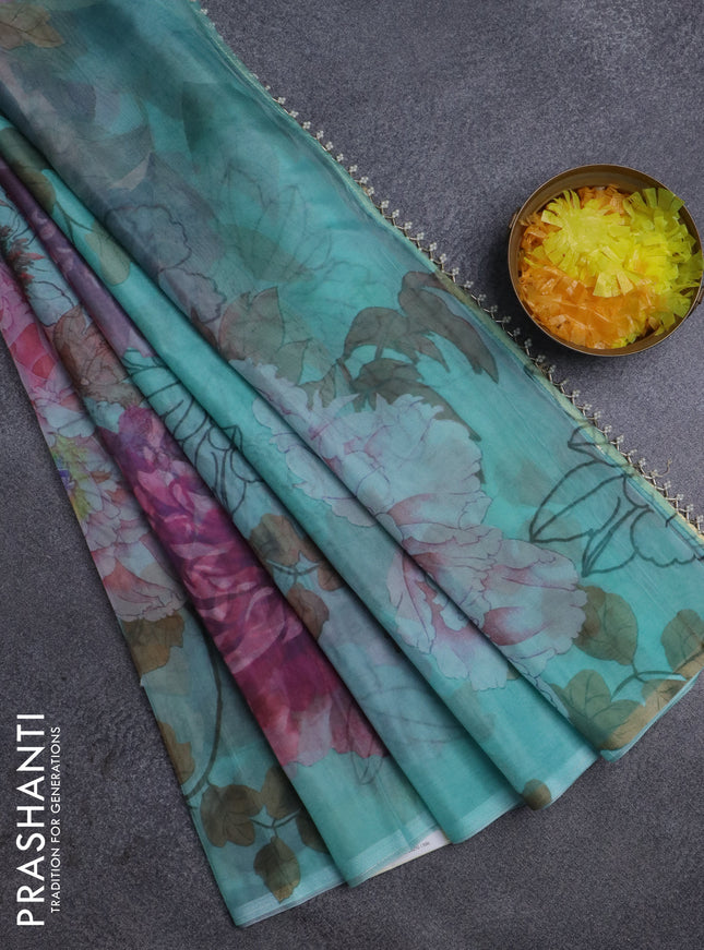 Semi organza saree teal green shade with allover floral prints in borderless style