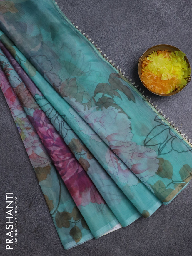 Semi organza saree teal green shade with allover floral prints in borderless style