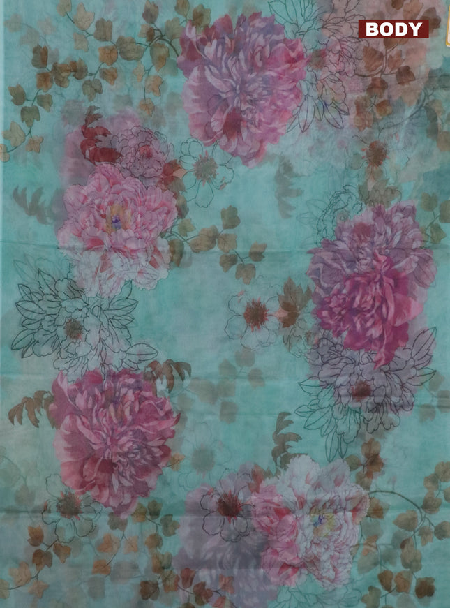 Semi organza saree teal green shade with allover floral prints in borderless style