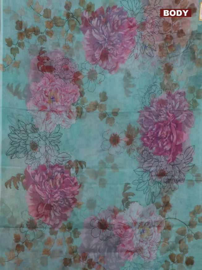 Semi organza saree teal green shade with allover floral prints in borderless style