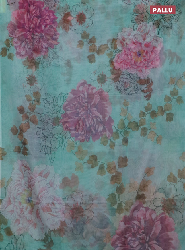 Semi organza saree teal green shade with allover floral prints in borderless style