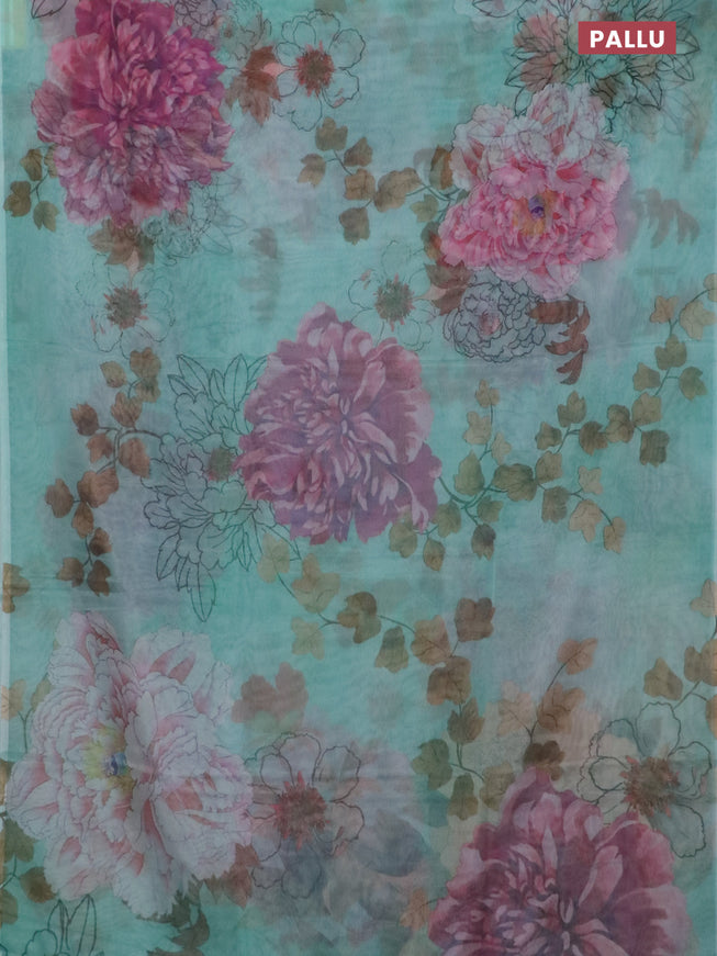 Semi organza saree teal green shade with allover floral prints in borderless style