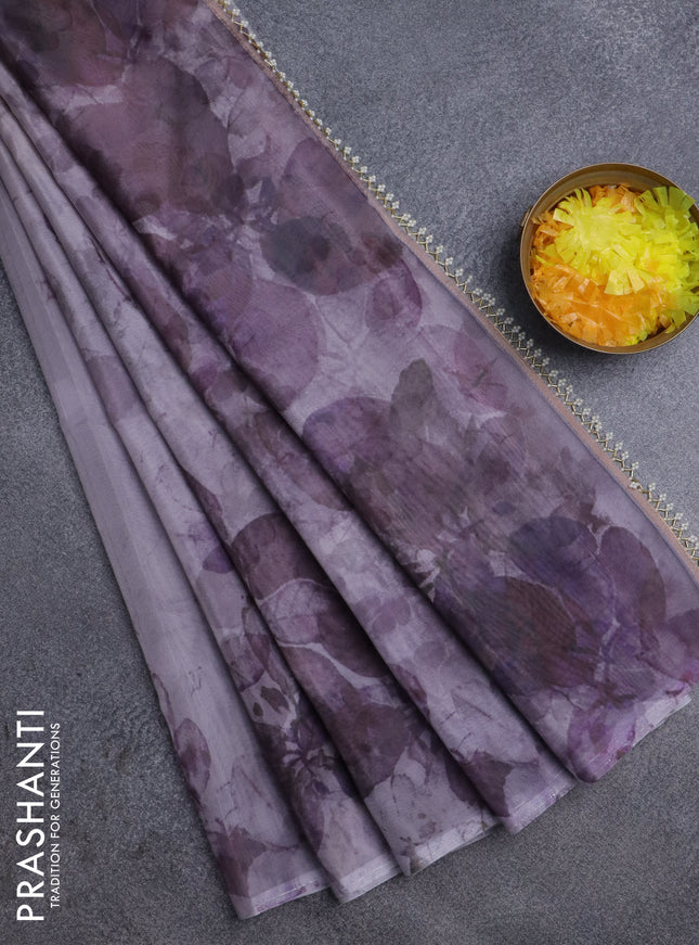 Semi organza saree grey with allover floral prints in borderless style