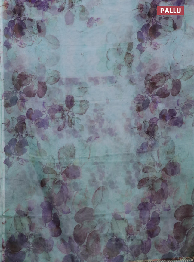 Semi organza saree light blue with allover floral prints in borderless style