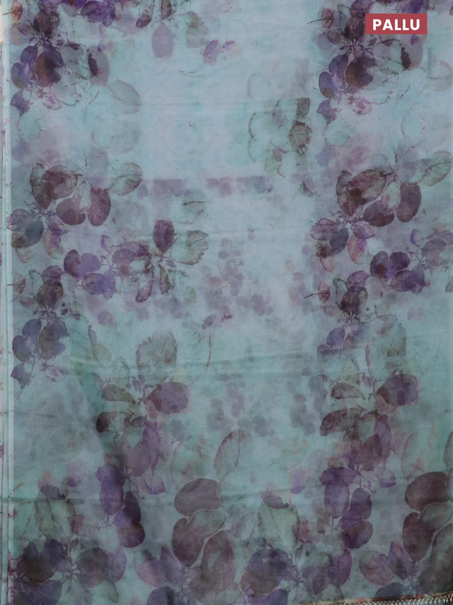Semi organza saree light blue with allover floral prints in borderless style