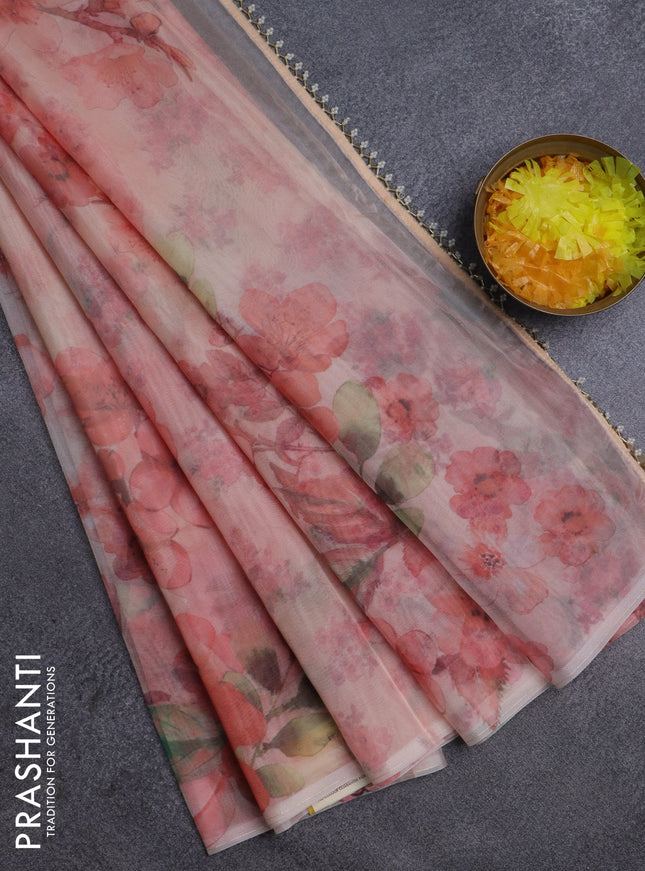 Semi organza saree sandal with allover floral prints in borderless style