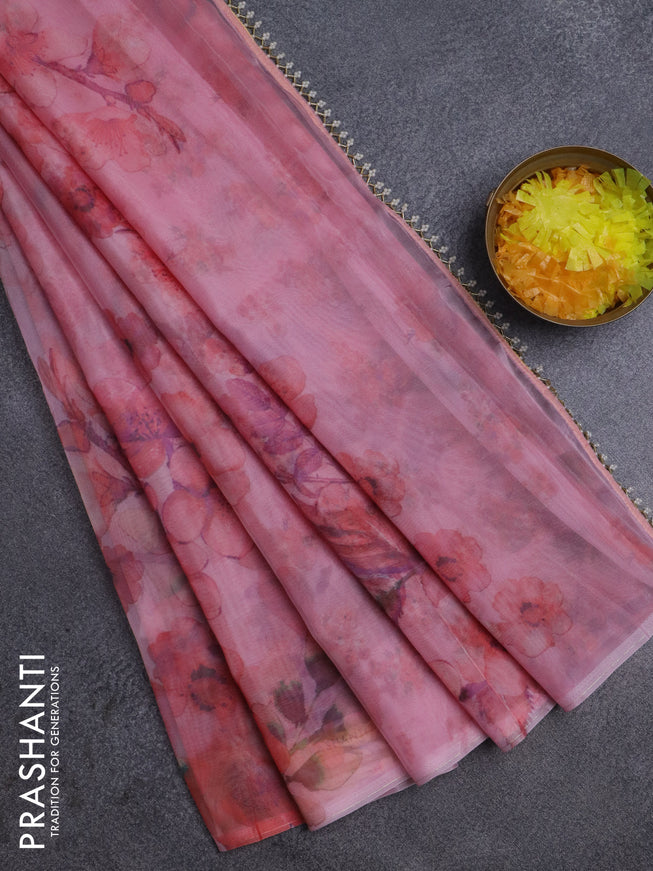 Semi organza saree peach pink with allover floral prints in borderless style