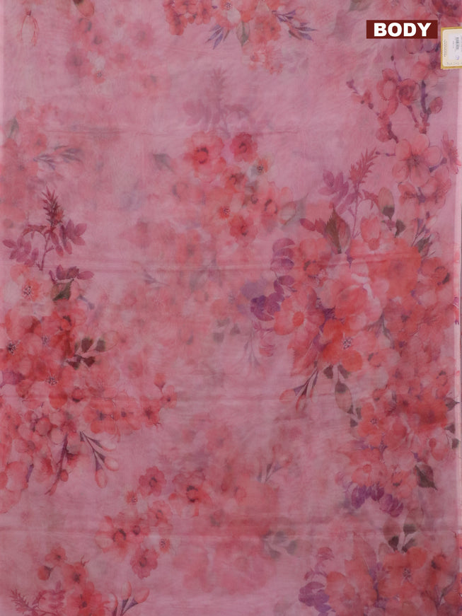 Semi organza saree peach pink with allover floral prints in borderless style