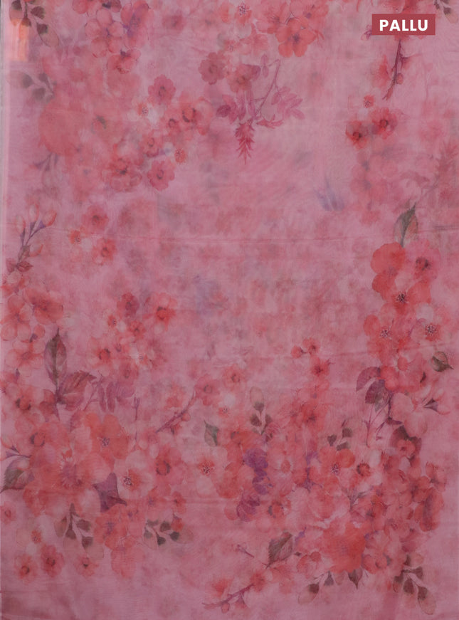 Semi organza saree peach pink with allover floral prints in borderless style