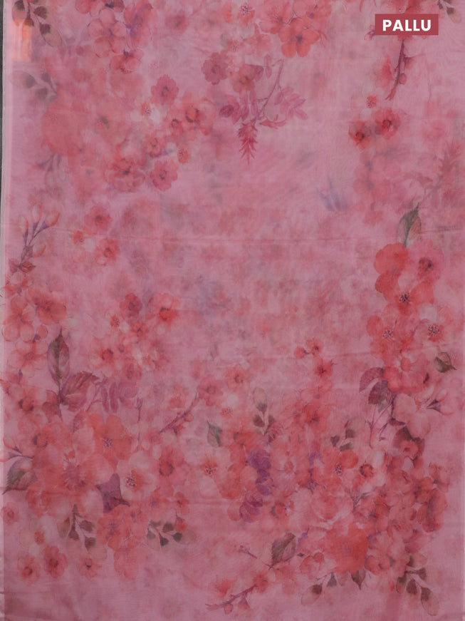 Semi organza saree peach pink with allover floral prints in borderless style