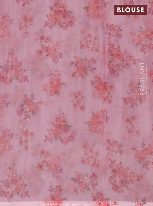 Semi organza saree peach pink with allover floral prints in borderless style