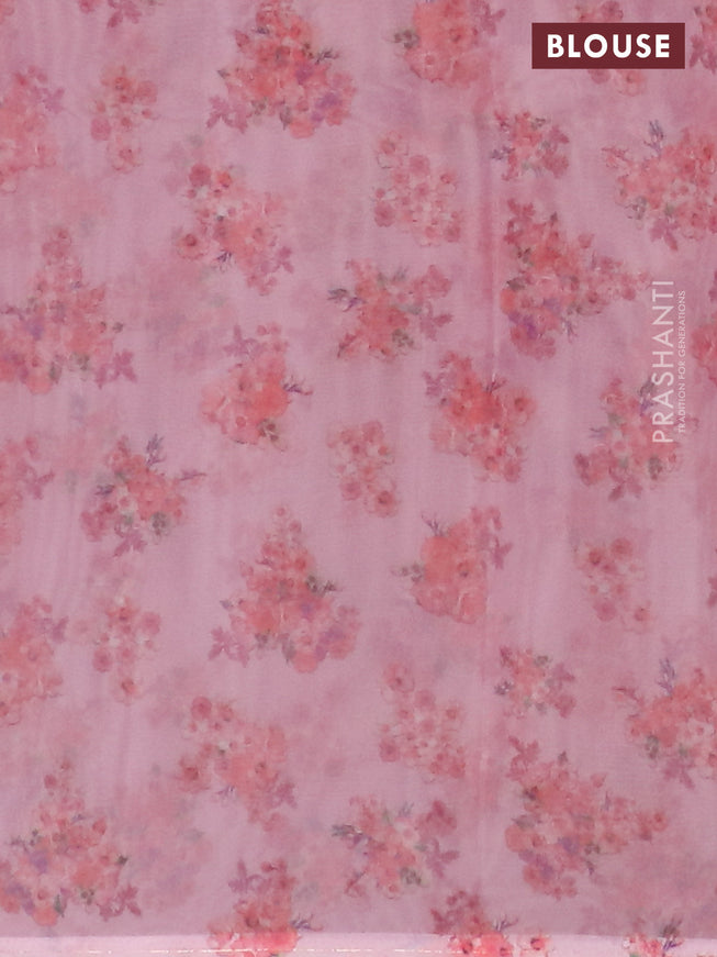 Semi organza saree peach pink with allover floral prints in borderless style