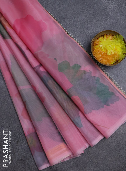 Semi organza saree peach pink with allover floral prints in borderless style