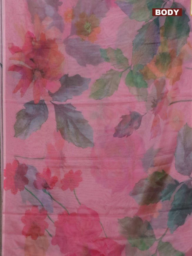 Semi organza saree peach pink with allover floral prints in borderless style
