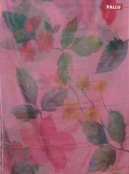 Semi organza saree peach pink with allover floral prints in borderless style