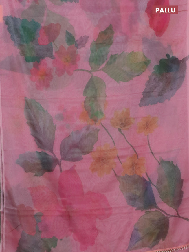Semi organza saree peach pink with allover floral prints in borderless style