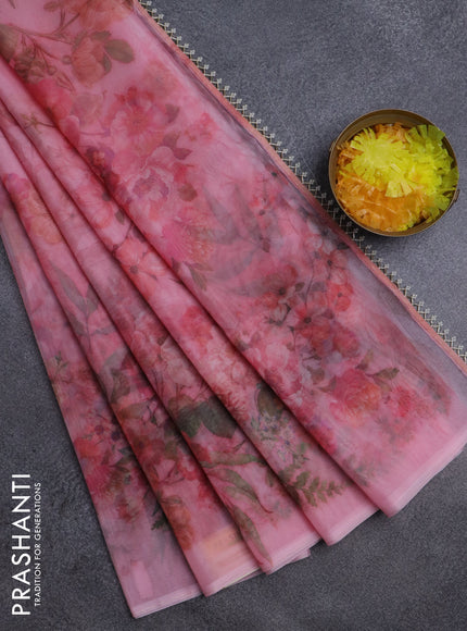 Semi organza saree peach pink with allover floral prints in borderless style
