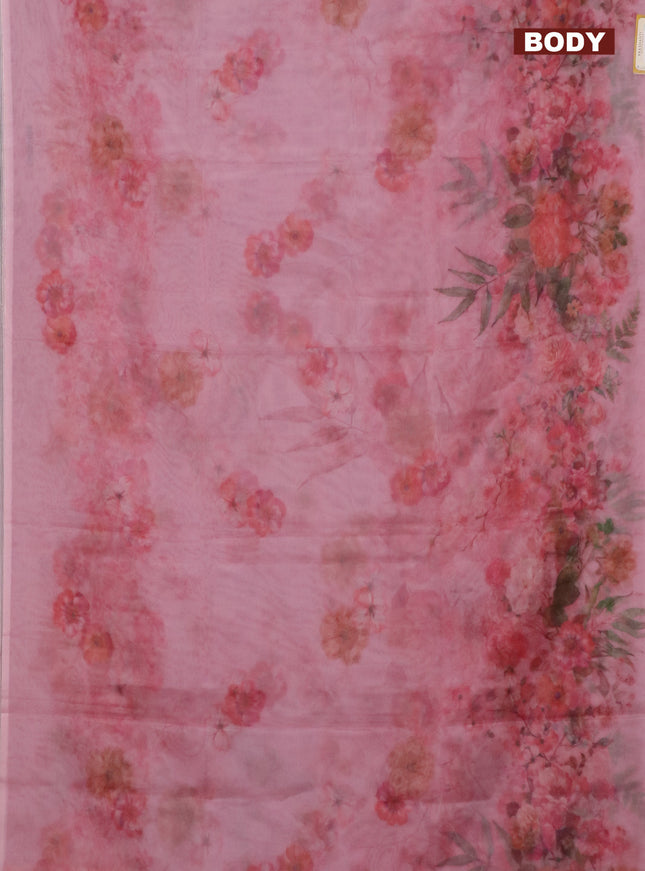 Semi organza saree peach pink with allover floral prints in borderless style