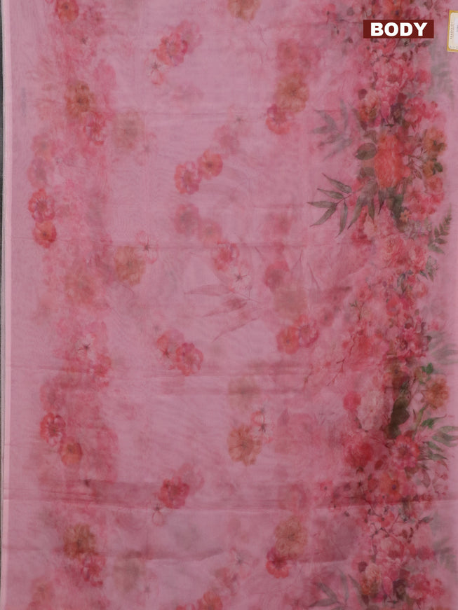 Semi organza saree peach pink with allover floral prints in borderless style