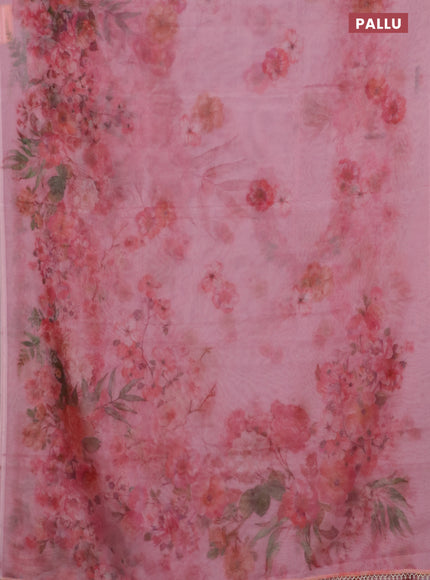 Semi organza saree peach pink with allover floral prints in borderless style