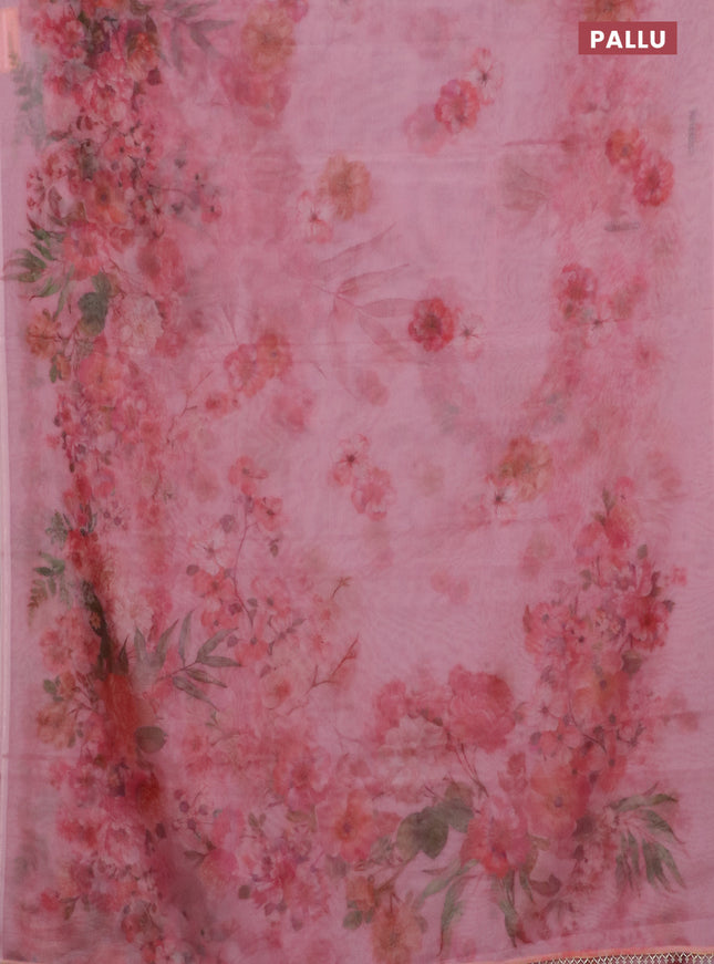 Semi organza saree peach pink with allover floral prints in borderless style