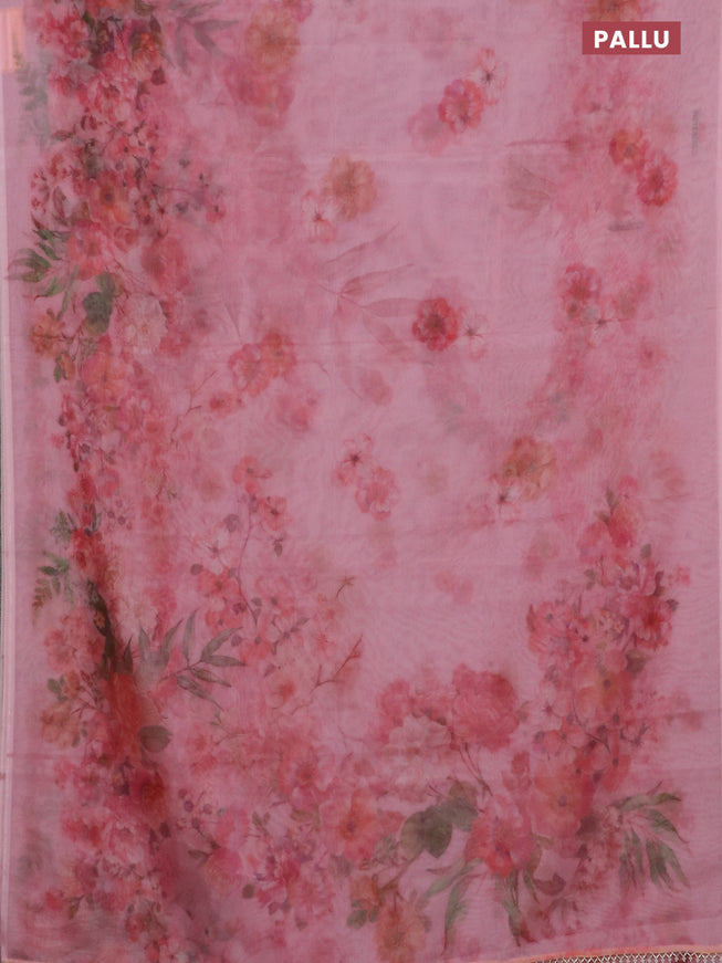 Semi organza saree peach pink with allover floral prints in borderless style