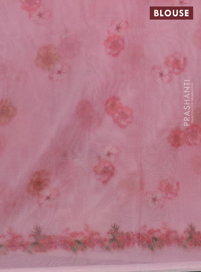 Semi organza saree peach pink with allover floral prints in borderless style