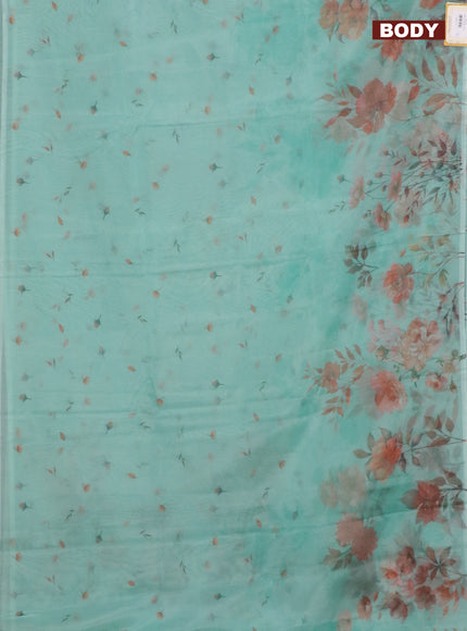 Semi organza saree teal green shade with allover floral prints in borderless style