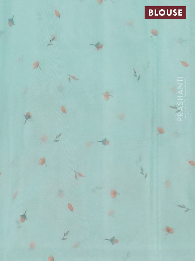 Semi organza saree teal green shade with allover floral prints in borderless style
