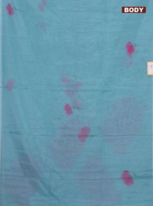 Semi organza saree light blue with floral butta prints in borderless style