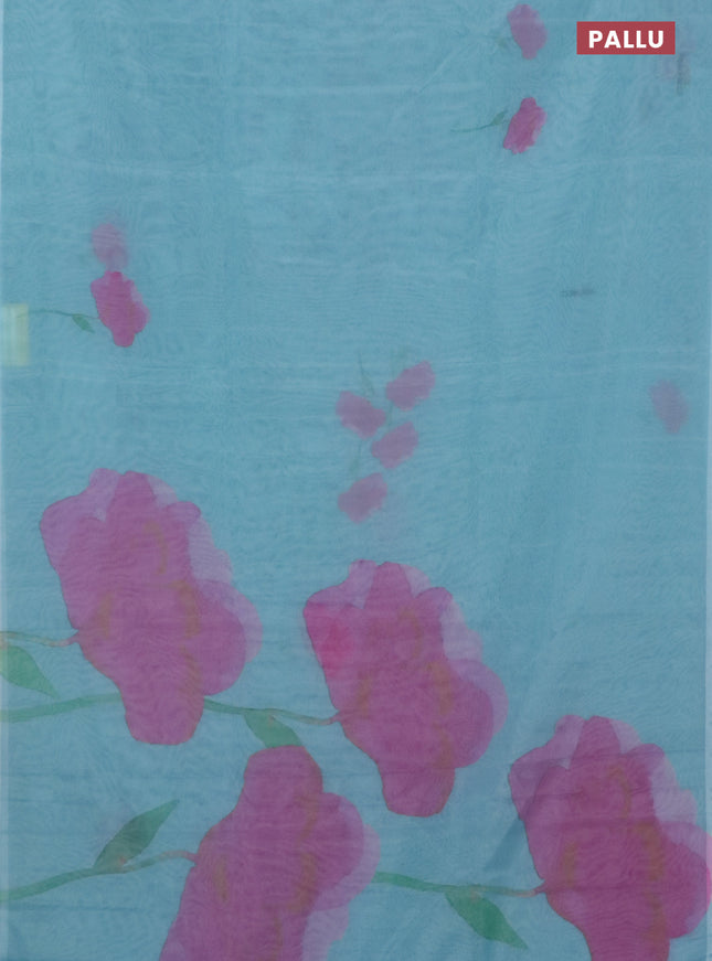 Semi organza saree light blue with floral butta prints in borderless style