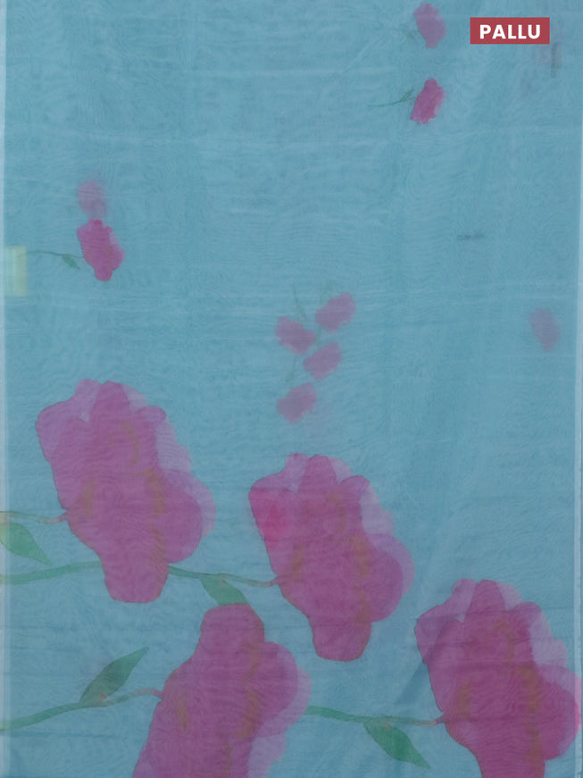 Semi organza saree light blue with floral butta prints in borderless style
