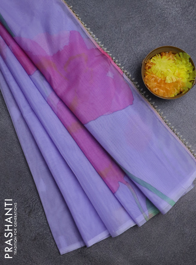 Semi organza saree lavender with floral butta prints in borderless style