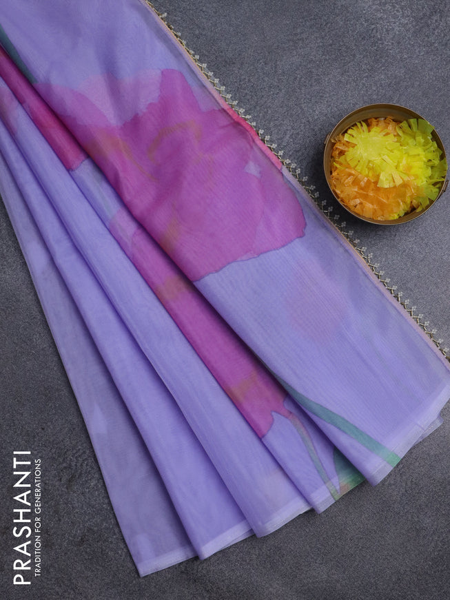 Semi organza saree lavender with floral butta prints in borderless style