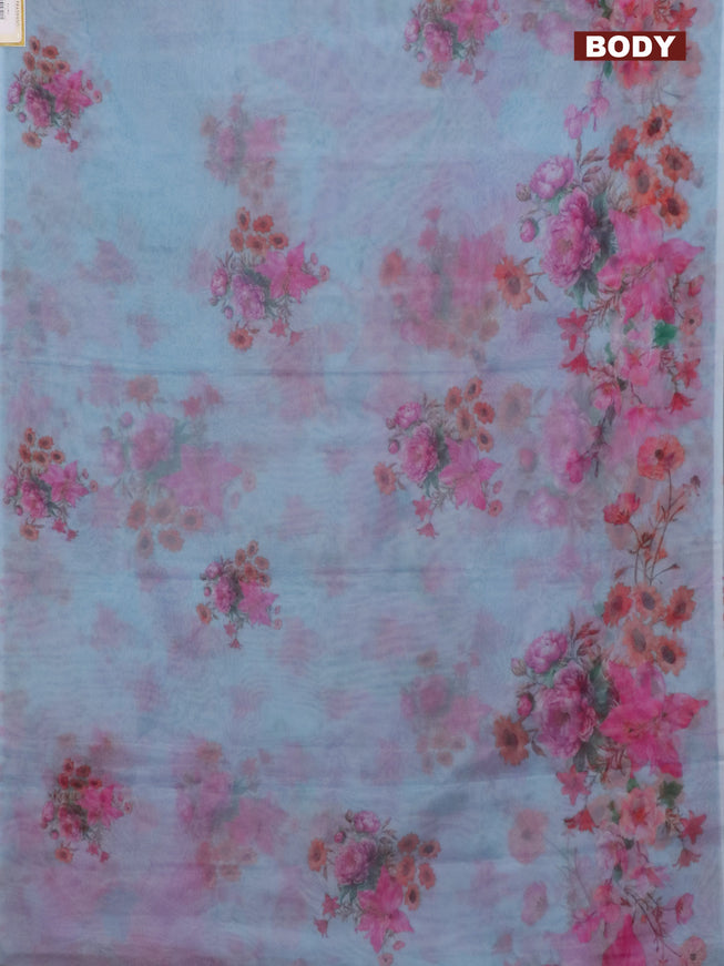 Semi organza saree pastel blue with floral butta prints in borderless style