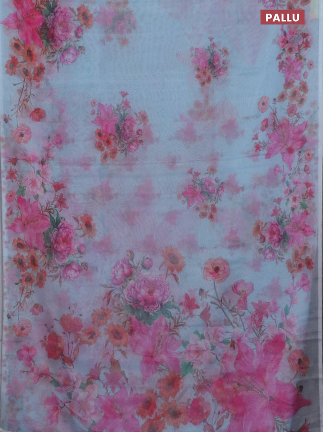 Semi organza saree pastel blue with floral butta prints in borderless style