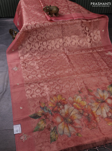 Kota tissue saree dark peach with floral prints & pita work and zardosi work butta border