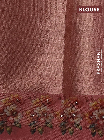 Kota tissue saree dark peach with floral prints & pita work and zardosi work butta border