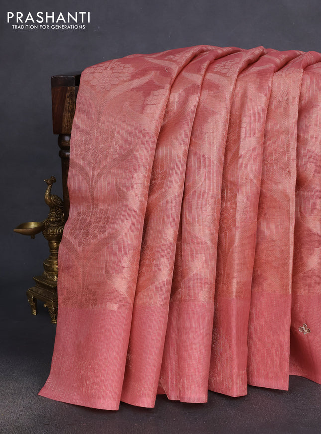 Kota tissue saree dark peach with floral prints & pita work and zardosi work butta border