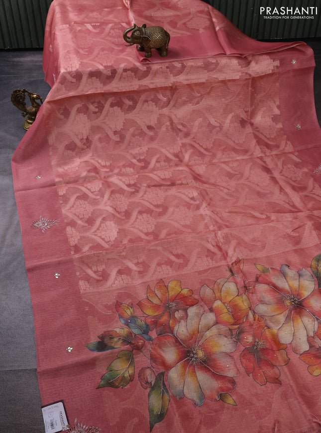 Kota tissue saree dark peach with floral prints & pita work and zardosi work butta border
